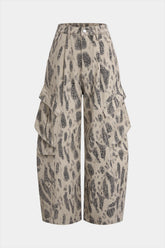 Denim Leopard Print Pleated Zipper Wide Leg Jeans