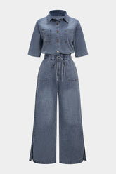 Denim Button Drawstring Pocket Short-Sleeve Jumpsuit