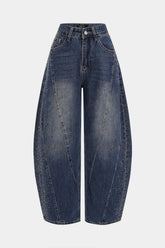 Denim Rhinestone High Waist Barrel Leg Jeans