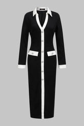 Contrast Trim V-Neck Button Long Sleeve Maxi Dress