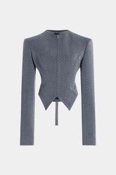 Diamond Print Zipper Belted Long-Sleeve Top
