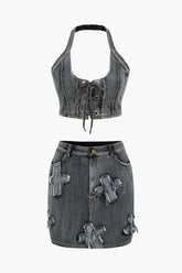 Denim Tie Up Halter And Mini Skirt Set