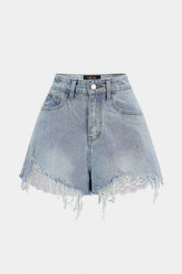 Denim Patchwork Lace Asymmetrical Frayed Shorts