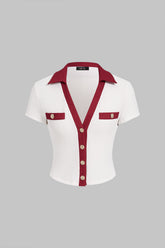 Contrast Trim Textured Button Short Sleeve Top