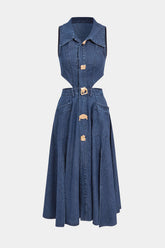 Denim Button Cut Out Midi Dress