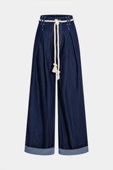 Denim Tie Front Ruched Straight Leg Jeans