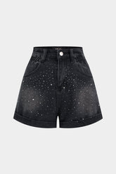 Denim Rhinestone Wide Leg High Waist Shorts