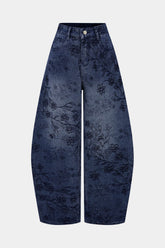 Denim Floral Print Zipper Barrel Jeans