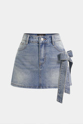 Denim Asymmetrical Rhinestone Bow Skirt