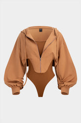 Contrast Hooded Zipper Drawstrings Long-Sleeve Bodysuit
