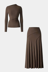 Asymmetrical Neck Long-Sleeve Top And Stitching Detail Skirt Set