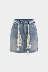 Denim Belted Beaded Skirt