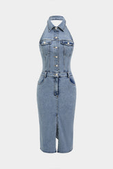 Denim Button Halter Neck Backless Sleeveless Midi Dress