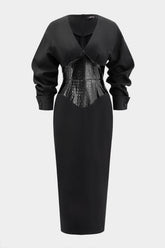 Crocodile Print Faux Leather Patchwork Long Sleeve Maxi Dress