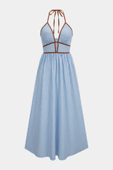 Contrast Stripes Print V-Neck Halter Neck Sleeveless Maxi Dress