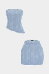 Denim Contrast Whipstitching Asymmetrical Hem Tube Top And Pocket Skirt Set
