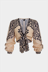 Contrast Geometric Print V-Neck Tie Front Long Sleeve Top