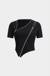 Asymmetrical Zipper Round Neck Short-Sleeve Top