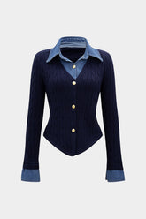 Cable Knit Patchwork Button Long-Sleeve Top
