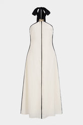 Contrast Trim Linen Halter Neck Tie Back Metallic Sleeveless Maxi Dress
