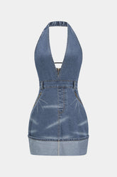 Denim Backless Washed Zipper Halter Mini Dress