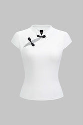 Contrast Frog Button Cut Out Short Sleeve T-Shirt