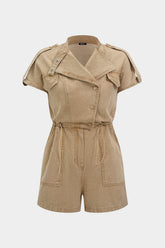 Denim Lapel Button Pocket Drawstring Short Sleeve Romper