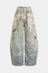 Denim Abstract Print Low Waist Wide Leg Pants