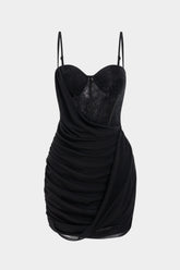 Chiffon Patchwork Lace Corset Asymmetrical Ruched Sleeveless Mini Dress