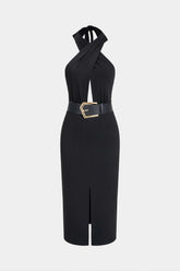Crossed Halter Neck Belted Cut Out Sleeveless Midi Dress