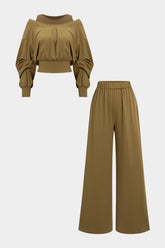 Cut Out Long-Sleeve Top And High Waist Wide Leg Trousers Set