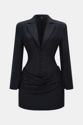 Deep V-Neck Waist-Cinching Ruched Long Sleeve Mini Dress