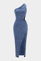 Denim One Shoulder Cut Out Asymmetrical Slit Zipper Midi Dress