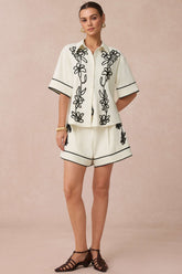 Contrast Flower Applique Short Sleeve Shirt And Belted Shorts Set