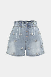 Denim Rhinestone Decor Wide Leg Shorts