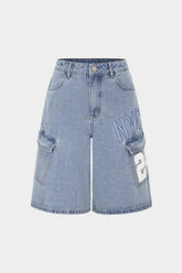 Denim Digital Letter Print Pocket High Waist Shorts