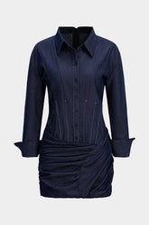 Denim Ruched Asymmetrical Long Sleeve Mini Dress