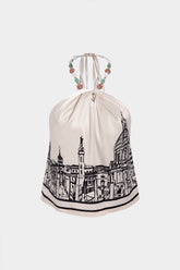 Artistic Print Satin Halter Neck Backless Tie-Up Beaded Top
