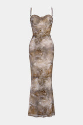 Abstract Print Patchwork Lace Trim Bustier Sleeveless Maxi Dress