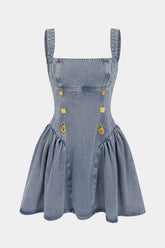 Denim Metallic Button Ruched Slip Sleeveless Mini Dress
