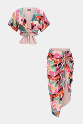 Abstract Print V-Neck Tie-Up Short Sleeves Top And Asymmetrical Drawstring Ruched Skirt Set