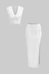 Distressed V-neck Cap Sleeve Crop Top And Slit Maxi Skirt Set