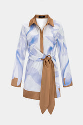 Contrast Leaves Print Satin Tie Front Long Sleeve Mini Dress