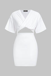 Crossed V-Neck Cut Out Ruched Belted Short Sleeve Midi Dress