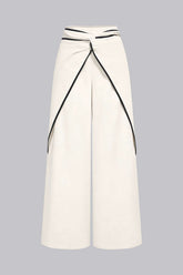 Contrast Binding Linen Ruched Twist Knot Wide Leg Pants