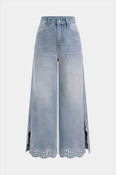 Denim Patchwork Cut Out Slit Straight Leg Jeans