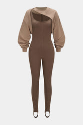 Contrast Round Neck Asymmetrical Long Sleeve Jumpsuit