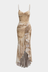 Abstract Print Asymmetrical Ruched Ruffle Hem Slip Sleeveless Maxi Dress