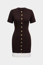Contrast Round Neck Metallic Button Short Sleeve Mini Dress