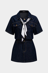 Denim Patchwork Satin Tie-Up Short Sleeve Mini Dress